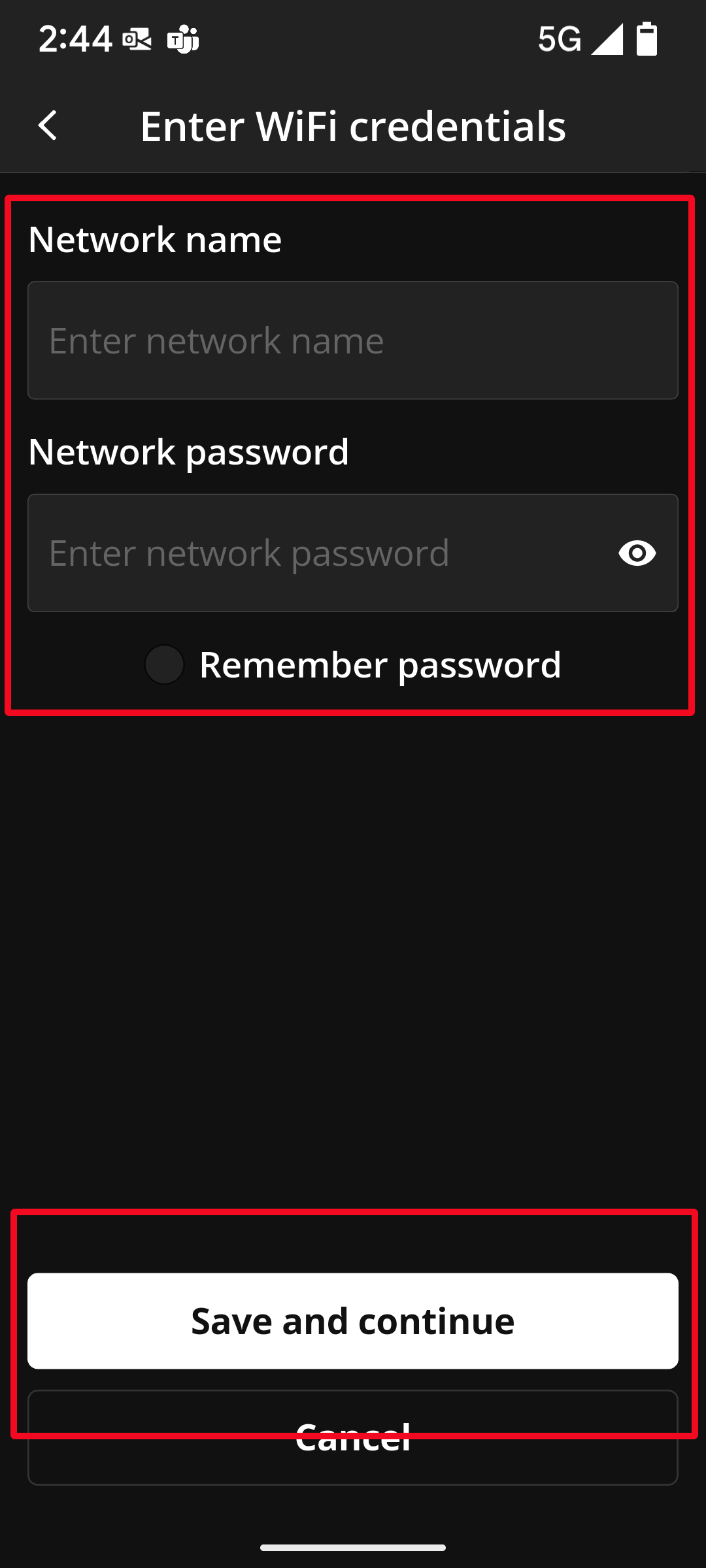 WiFi Credentials screen.